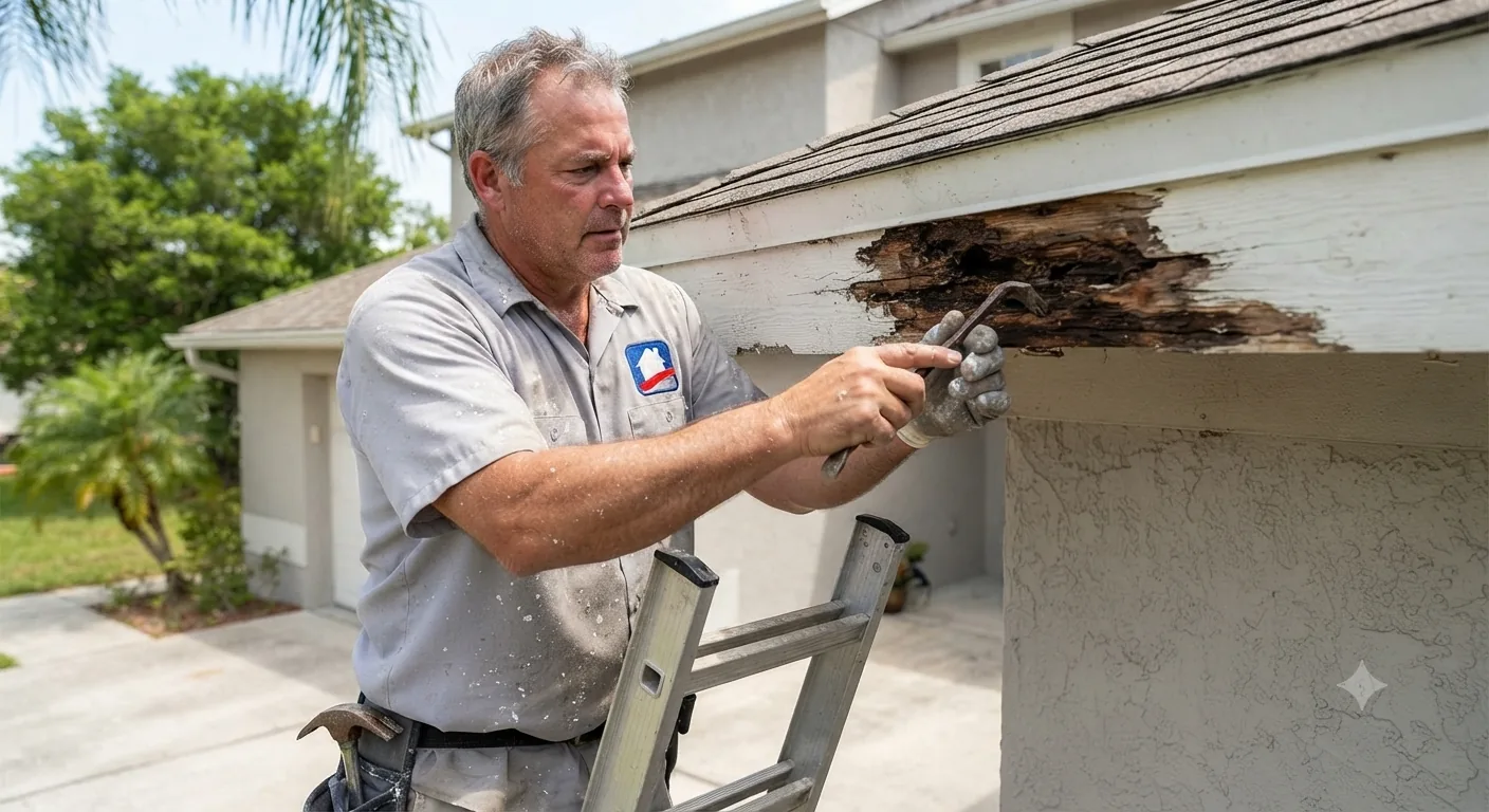 Tampa House Painters repairing rotted wood fascia on a Tampa home